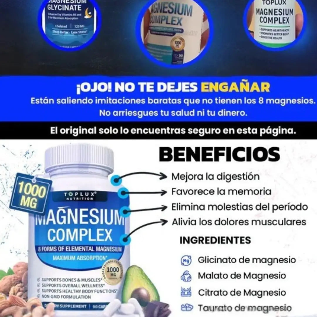 MAGNESIO COMPLEX 8 en 1 TOPLUX (1000 mg) – " Más energía, sueño Reparador, elimina calambres y desinflamación real"
