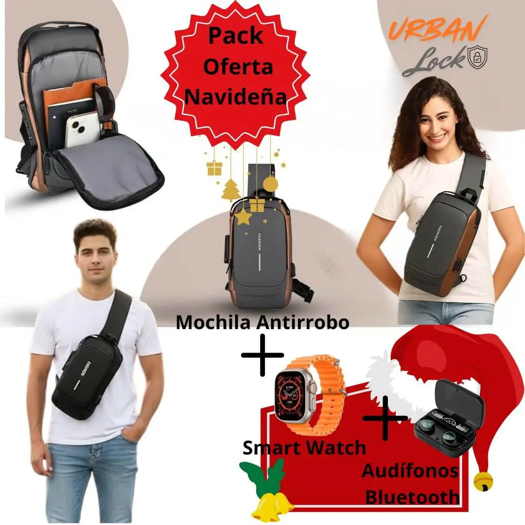 Pack Mochila Urban Lock + Smart Watch + Audífonos Bluetooth