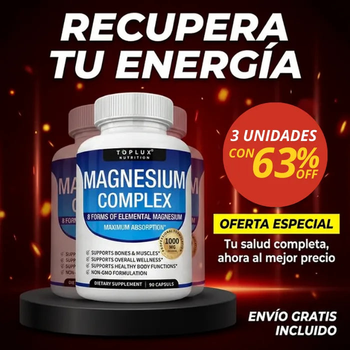 MAGNESIO COMPLEX 8 en 1 TOPLUX (1000 mg) – " Más energía, sueño Reparador, elimina calambres y desinflamación real"